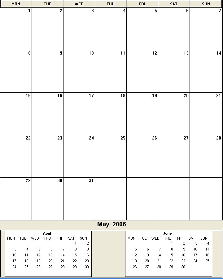 printable blank calendar image for May 2006