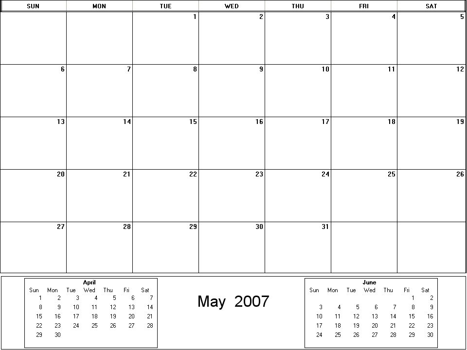 printable blank calendar image for May 2007