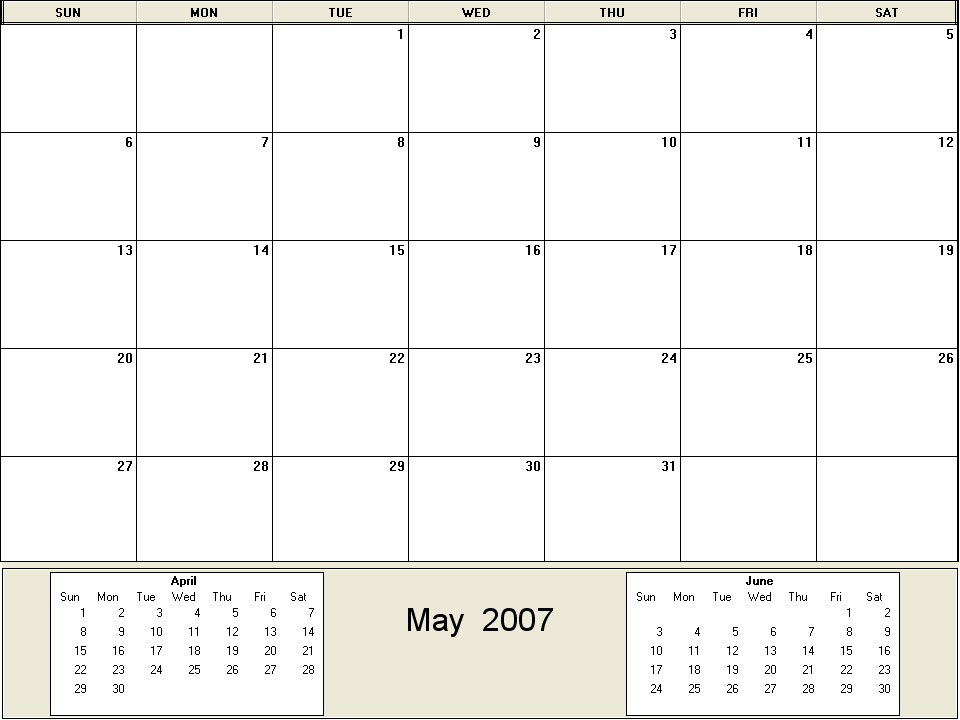 printable blank calendar image for May 2007