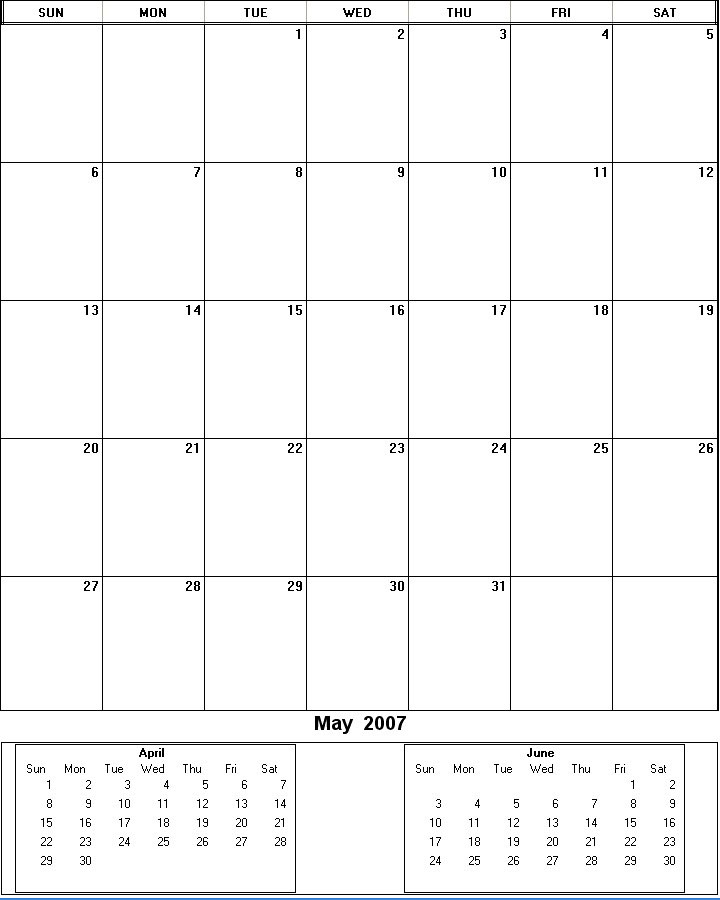 printable blank calendar image for May 2007