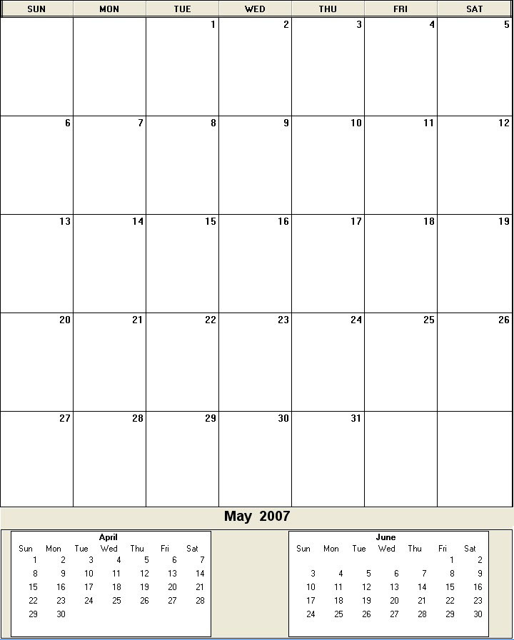 printable blank calendar image for May 2007