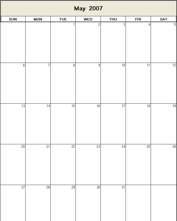 May 2007 printable blank calendar