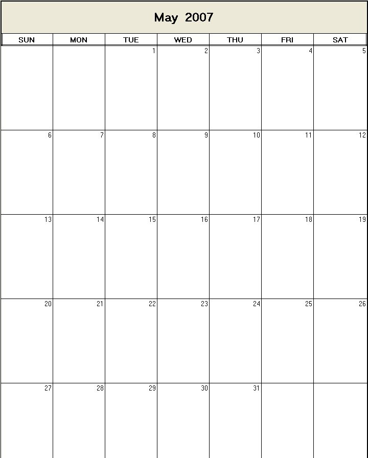 printable blank calendar image for May 2007