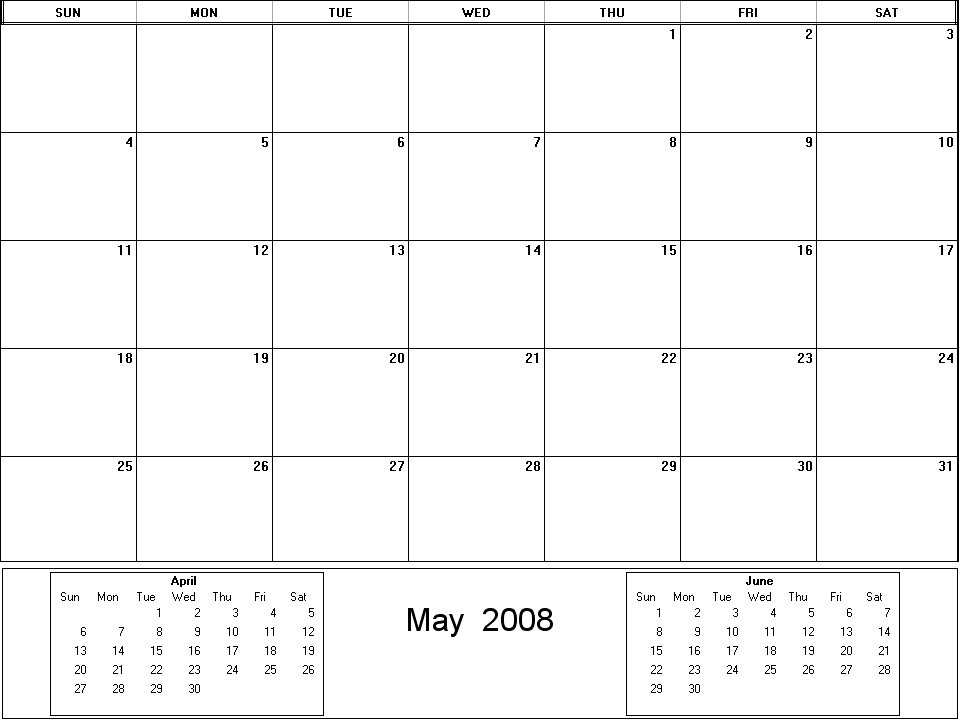 printable blank calendar image for May 2008