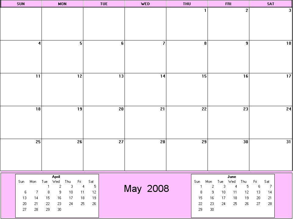 printable blank calendar image for May 2008