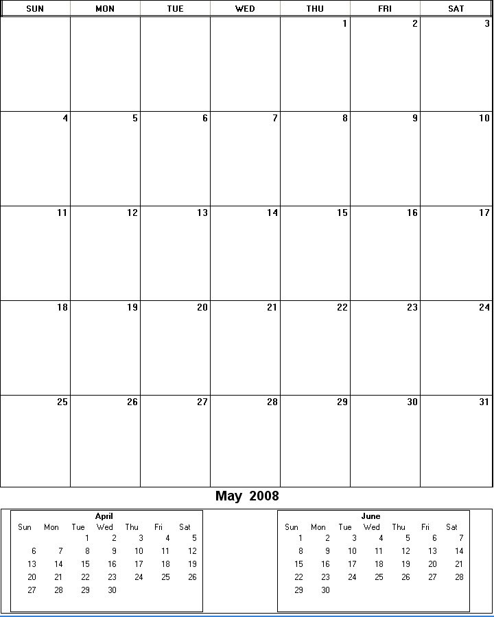 printable blank calendar image for May 2008
