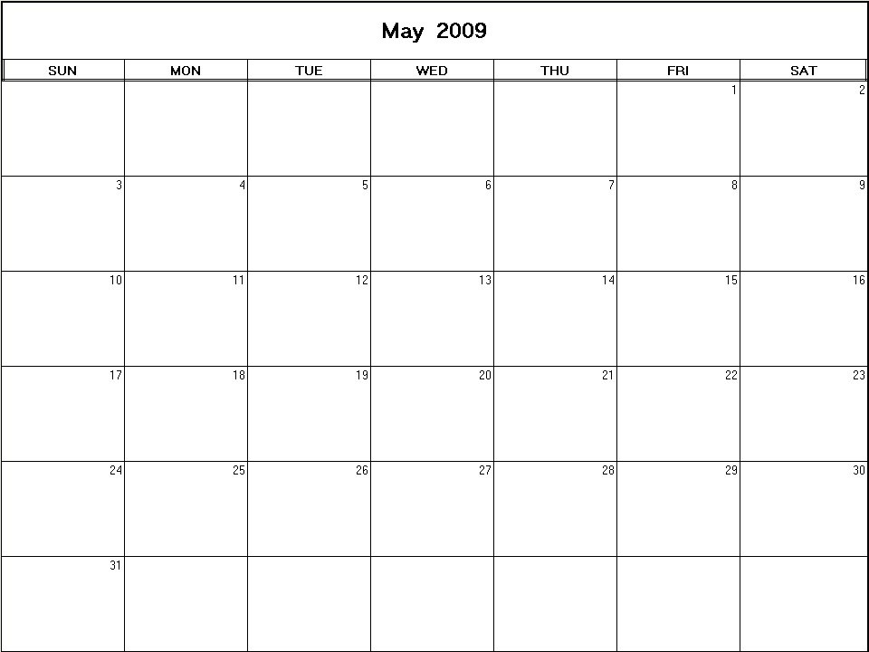 printable blank calendar image for May 2009