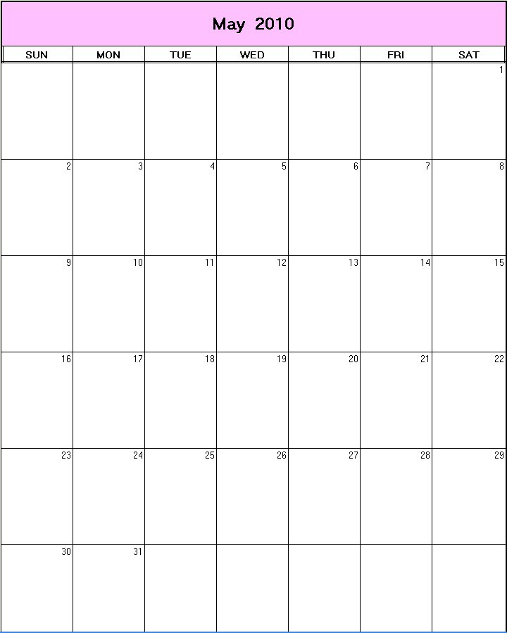 printable blank calendar image for May 2010