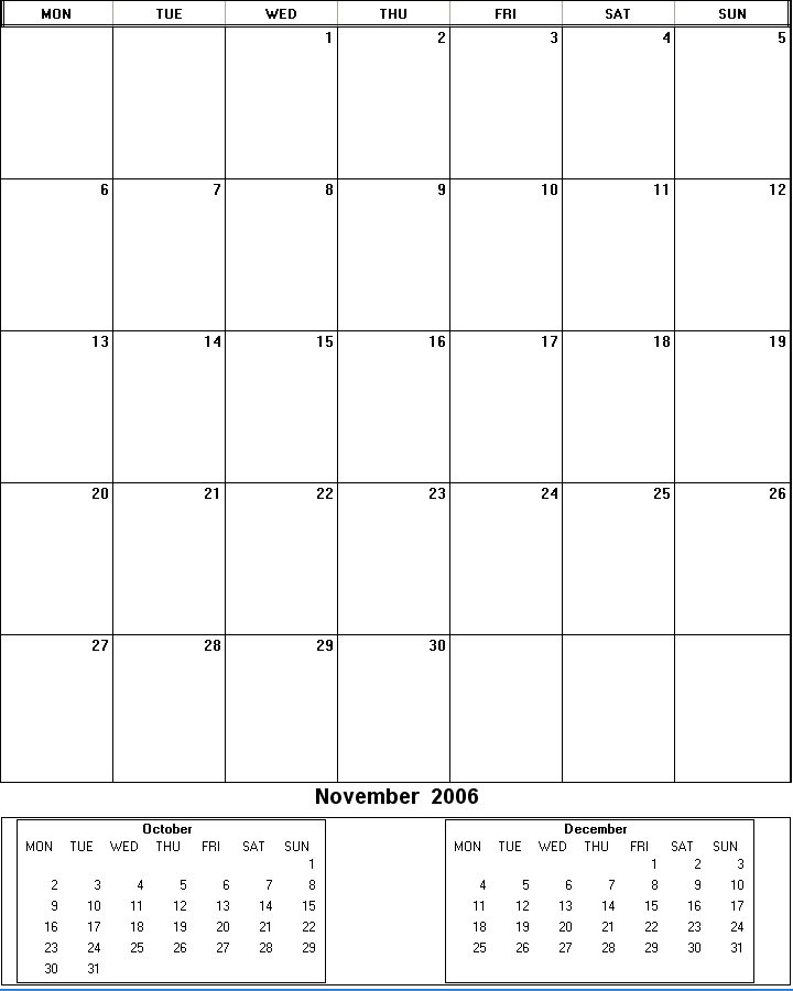 printable blank calendar image for November 2006