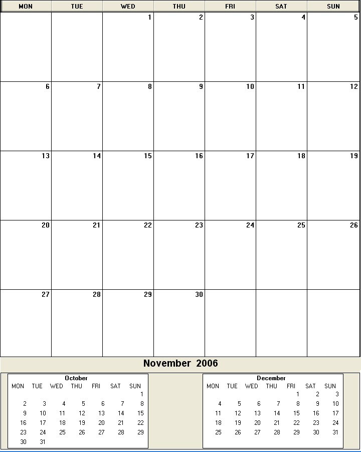 printable blank calendar image for November 2006