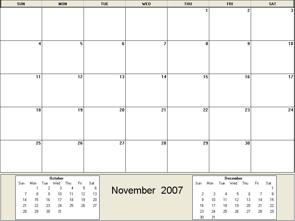 printable blank calendar image for November 2007