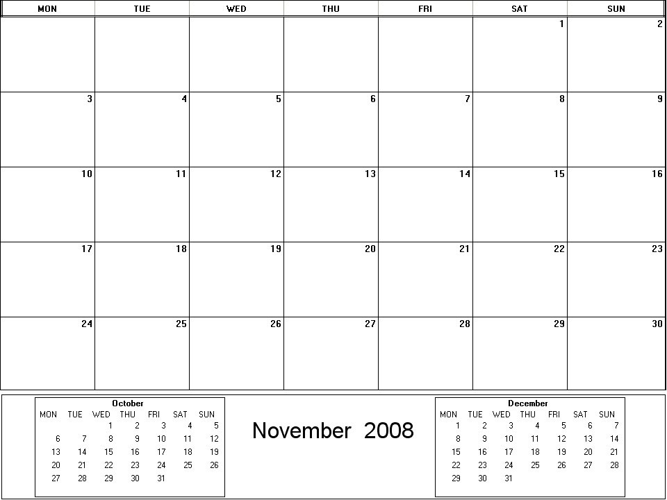 printable blank calendar image for November 2008
