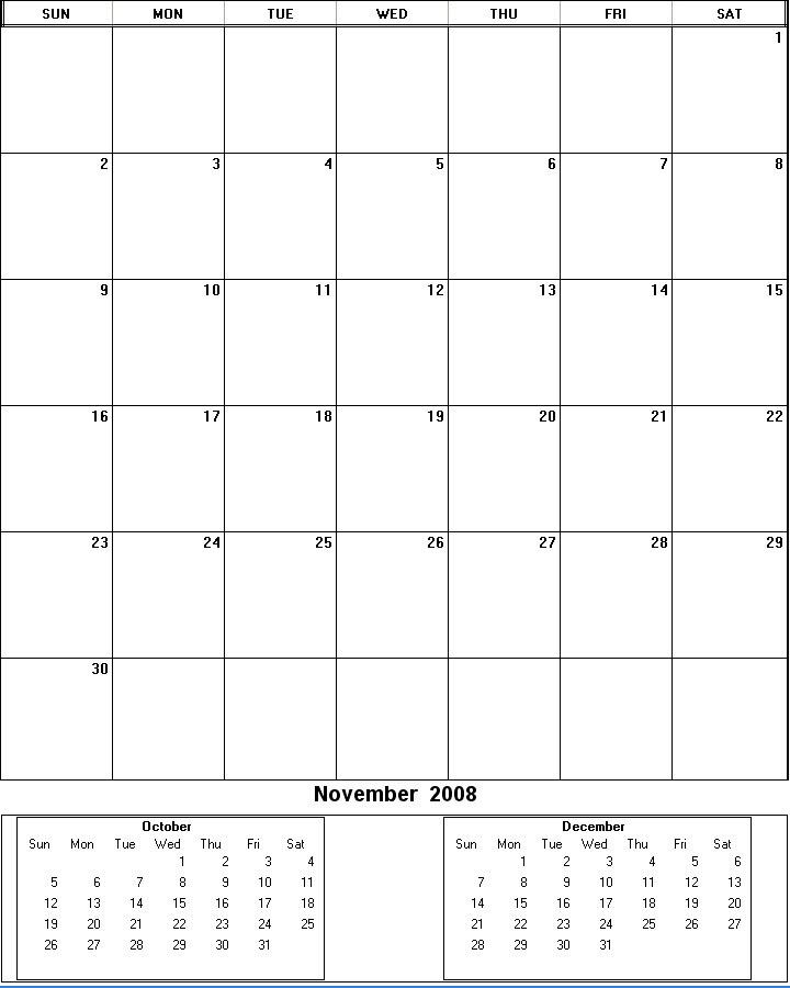 printable blank calendar image for November 2008