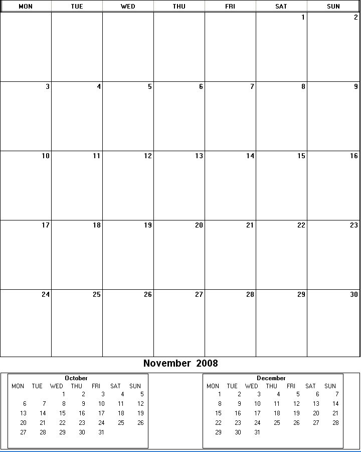 printable blank calendar image for November 2008