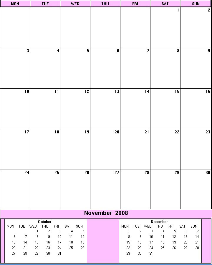 printable blank calendar image for November 2008