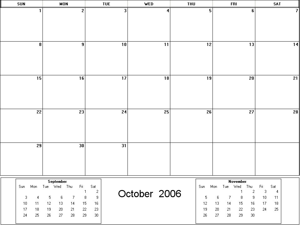 printable blank calendar image for October 2006