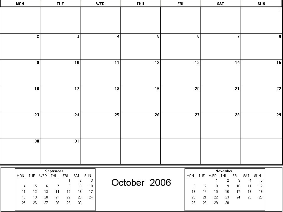 printable blank calendar image for October 2006