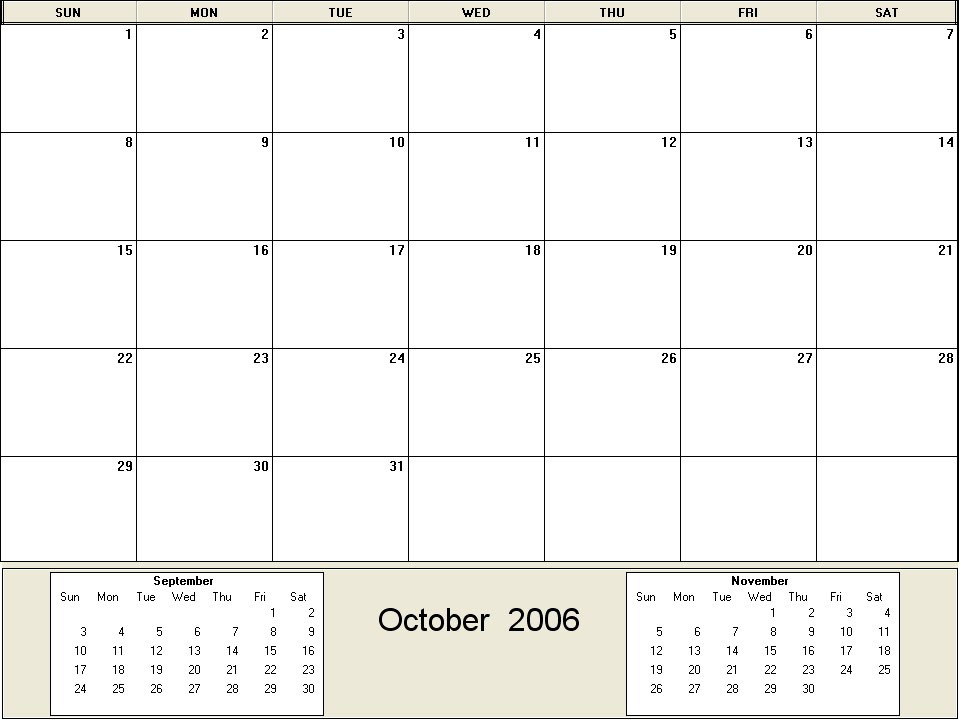 printable blank calendar image for October 2006