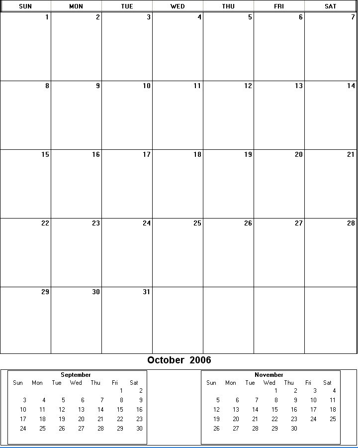 printable blank calendar image for October 2006