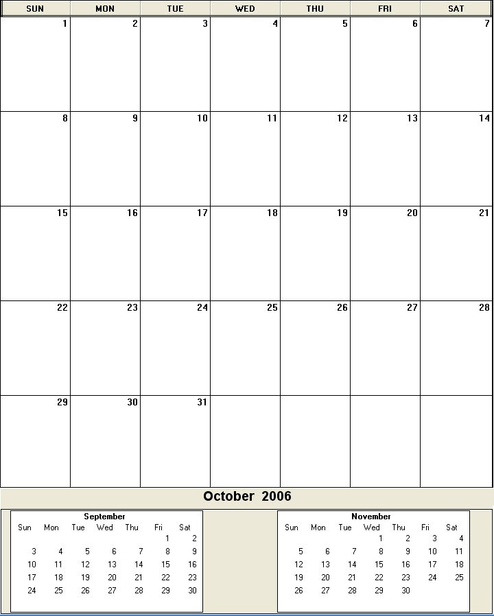printable blank calendar image for October 2006