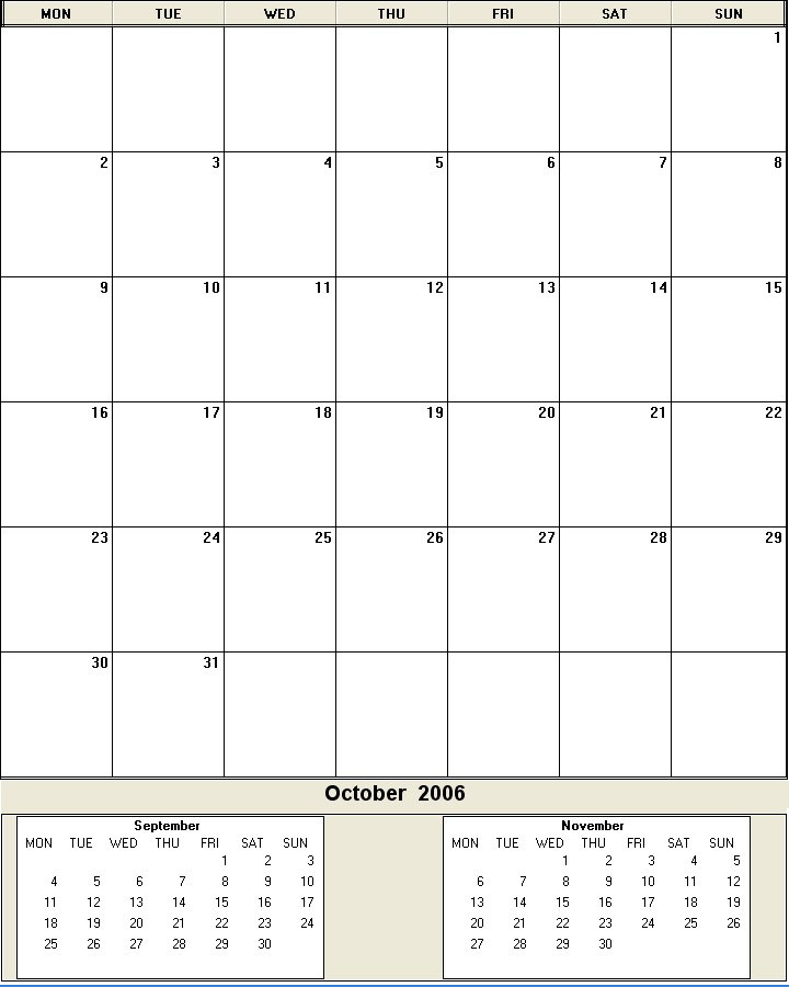printable blank calendar image for October 2006