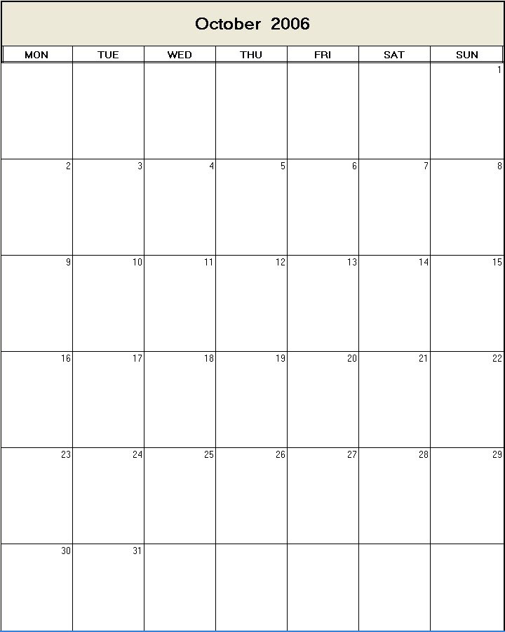 printable blank calendar image for October 2006