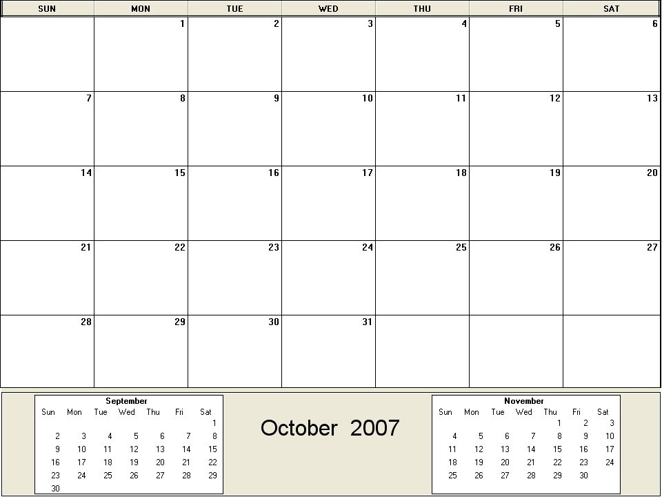 printable blank calendar image for October 2007