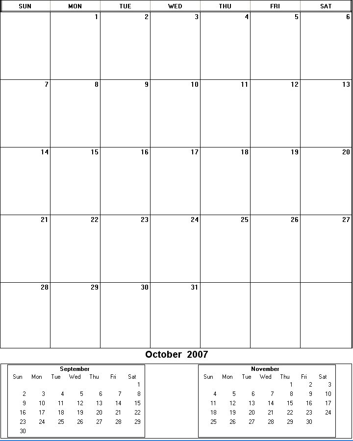 printable blank calendar image for October 2007