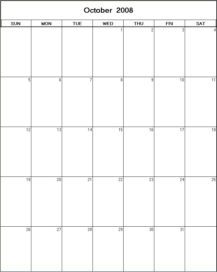 printable blank calendar image for October 2008