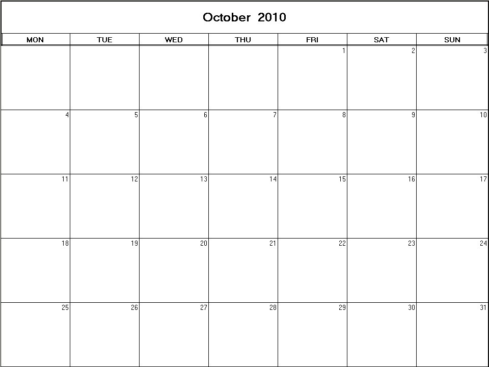October 2010 printable blank calendar