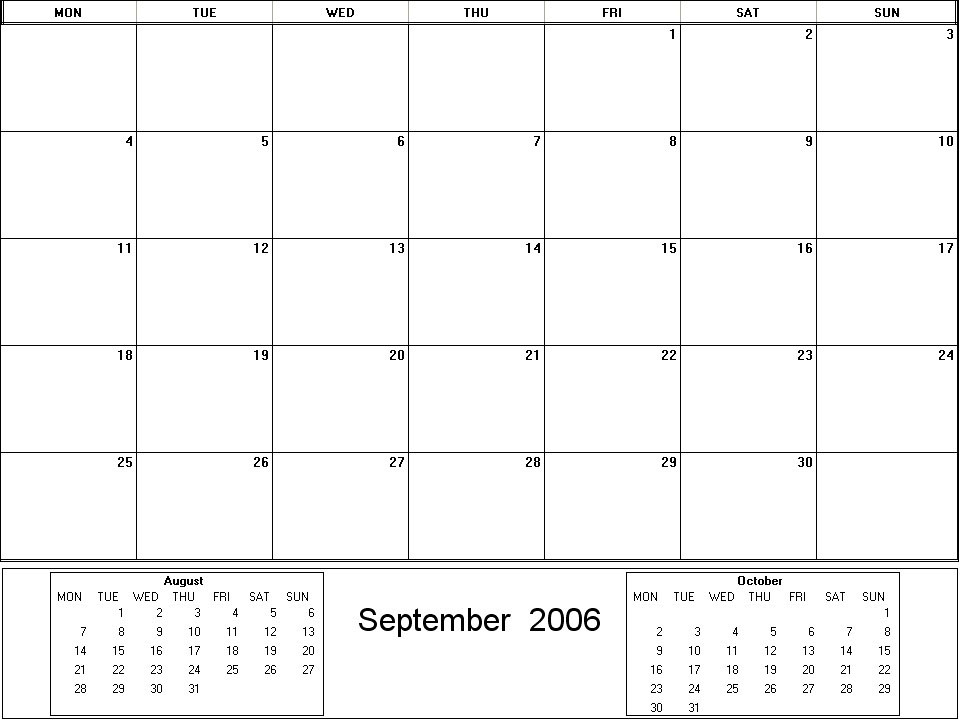 printable blank calendar image for September 2006