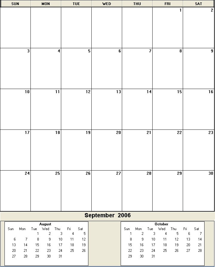 printable blank calendar image for September 2006