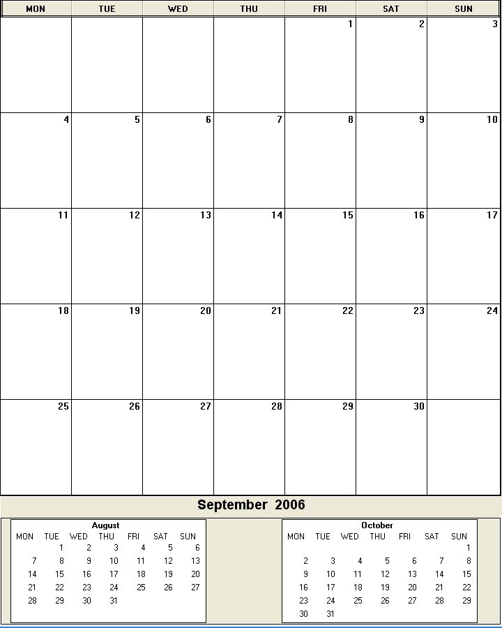 printable blank calendar image for September 2006