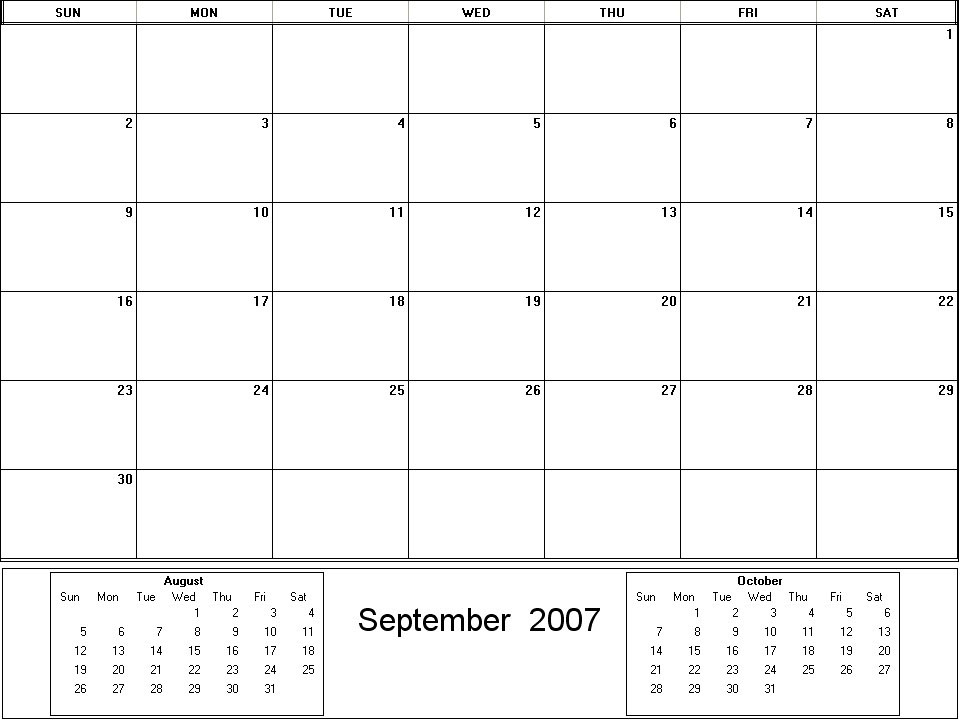 printable blank calendar image for September 2007
