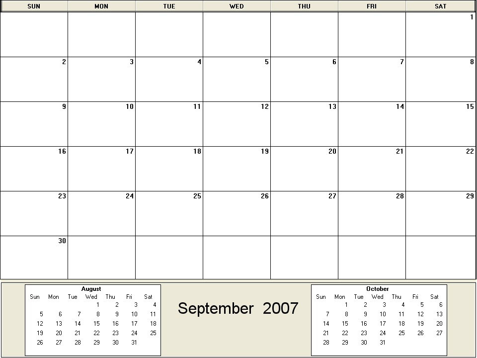 printable blank calendar image for September 2007