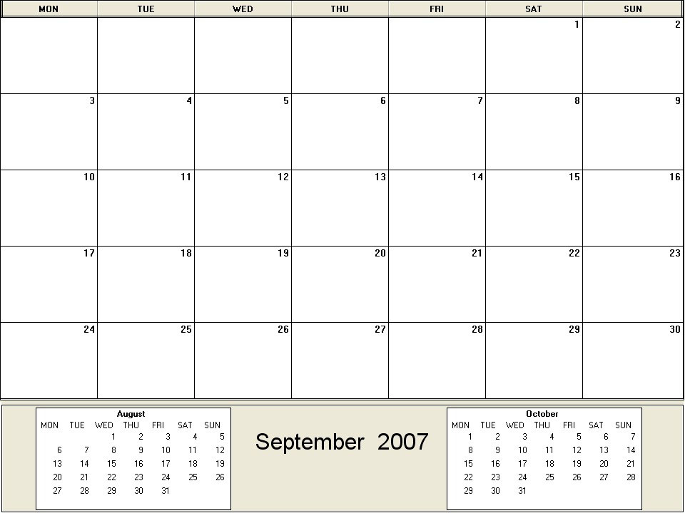 printable blank calendar image for September 2007