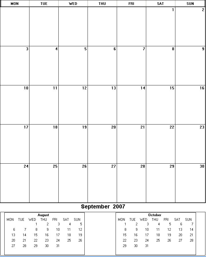 printable blank calendar image for September 2007