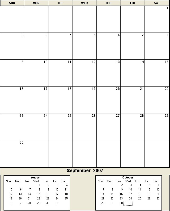 printable blank calendar image for September 2007
