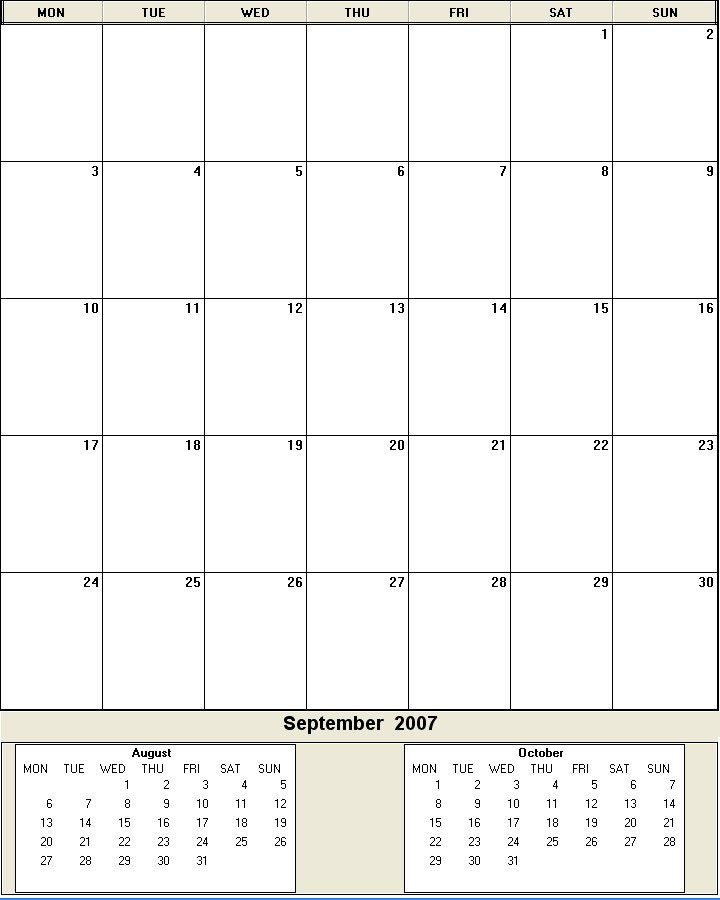 printable blank calendar image for September 2007