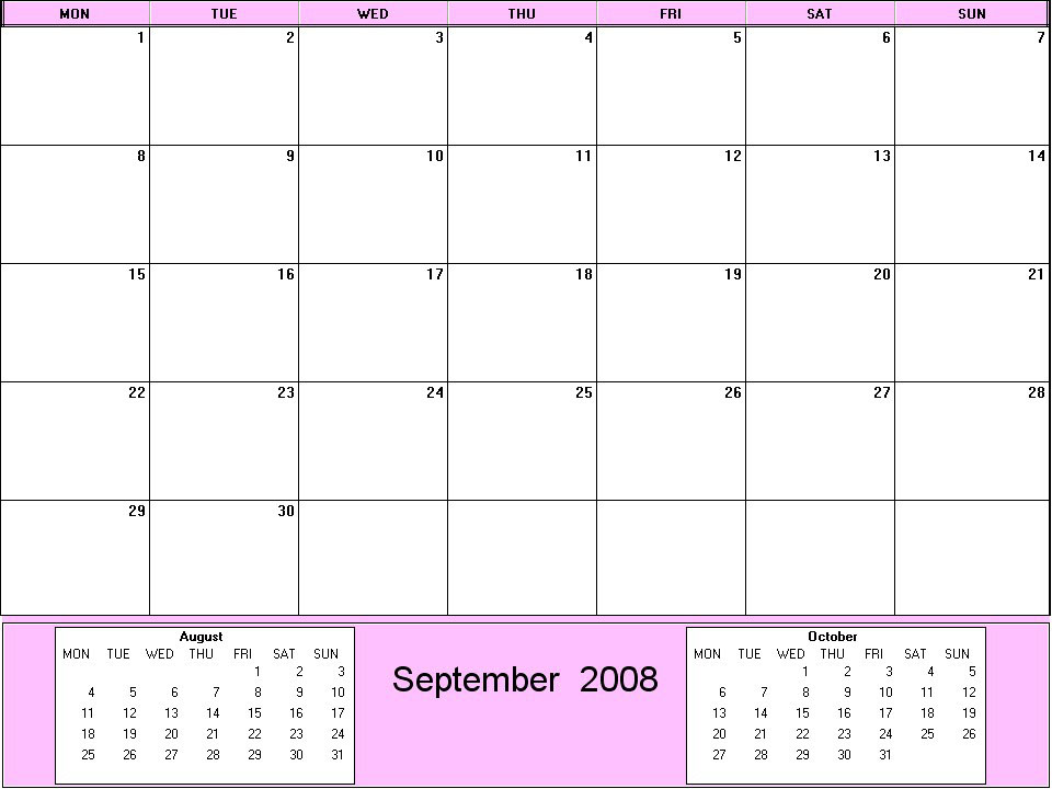 printable blank calendar image for September 2008