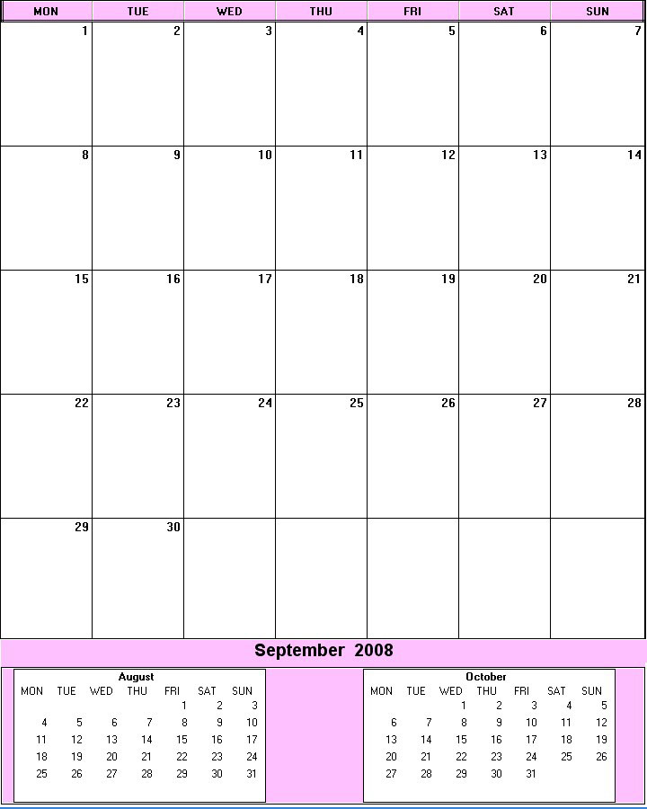 printable blank calendar image for September 2008
