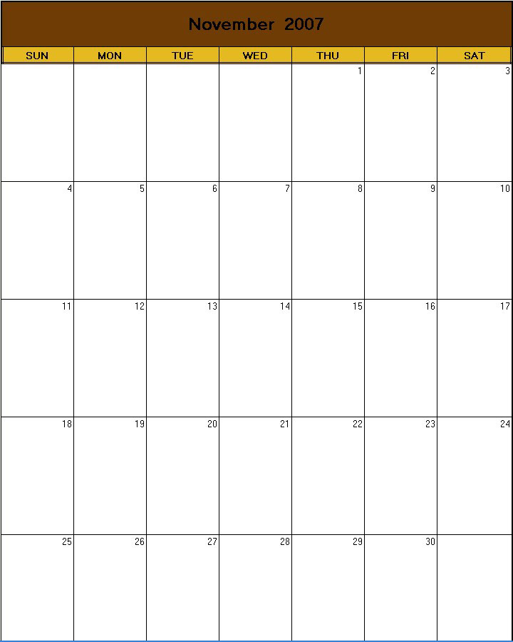 printable blank calendar image for Thanksgiving 2007