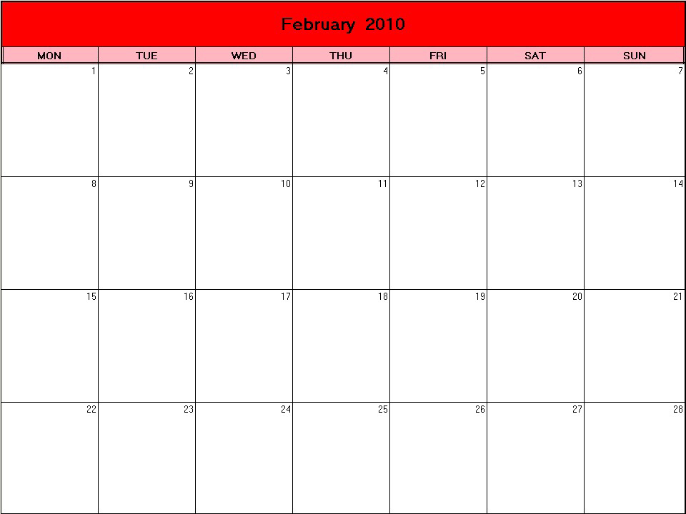 printable blank calendar image for Valentine 2010