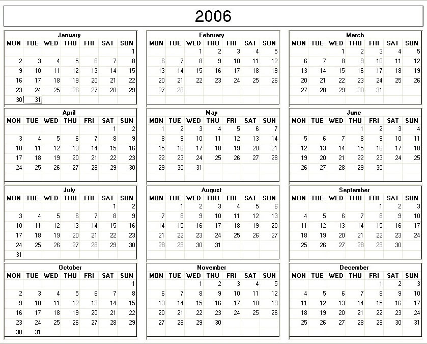 printable blank calendar image for year 2006