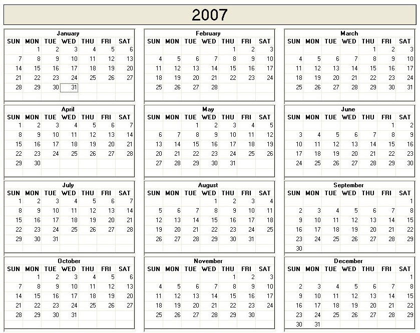 printable blank calendar image for year 2007