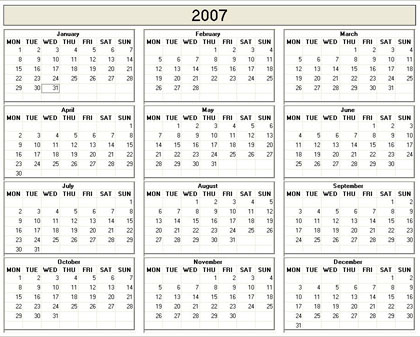 blank calendar,  printable calendar, 2007, image