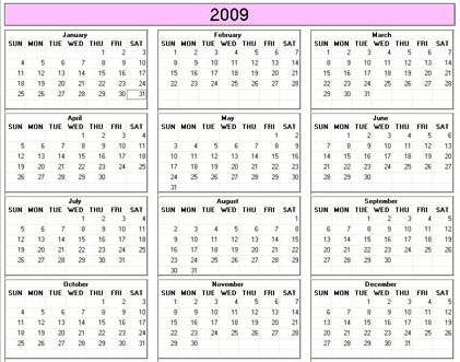 blank calendar,  printable calendar, 2009, image