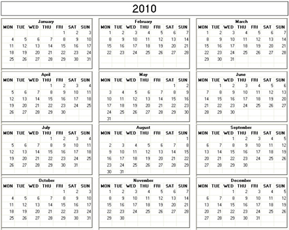 blank calendar,  printable calendar, 2010, image