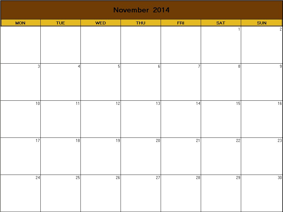 printable blank calendar image for Thanksgiving 2014