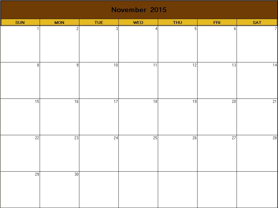 printable blank calendar image for Thanksgiving 2015